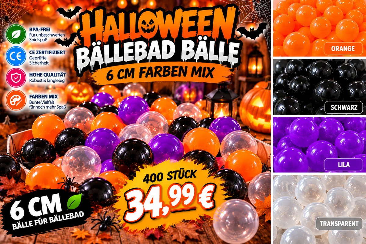 Bällebad Bälle 6 cm – Halloween Mix | 400 Stück | robuste Spielbälle für Kinder | TÜV geprüft, schadstofffrei & sicher