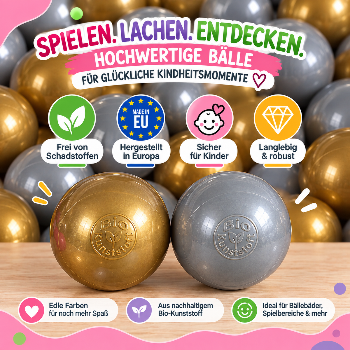 Bio Bällebad Bälle 8 cm Mix Gold | Grau - nachhaltige Spielbälle für Kinder | TÜV geprüft, schadstofffrei & sicher | Kugeln aus Zuckerrohr