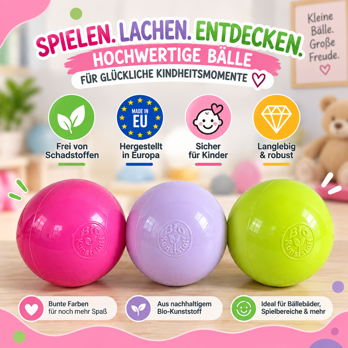 Bio Bällebad Bälle 8 cm Mix Limettengrün| Pink| Lavendel  - nachhaltige Spielbälle für Kinder | TÜV geprüft, schadstofffrei & sicher | Kugeln aus Zuckerrohr
