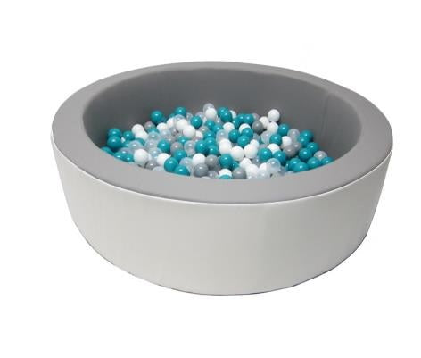 Schaumstoff Bällebad rund Ø 120cm mit 300 Bällen (6 cm) – TÜV geprüfter Bällepool für Kinder ab 0 Jahre | abwaschbar, sicher & robust | Grau & Türkis